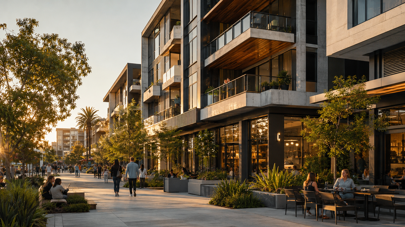 Contemporary mixed-use development with apartments, retail and landscaped public space